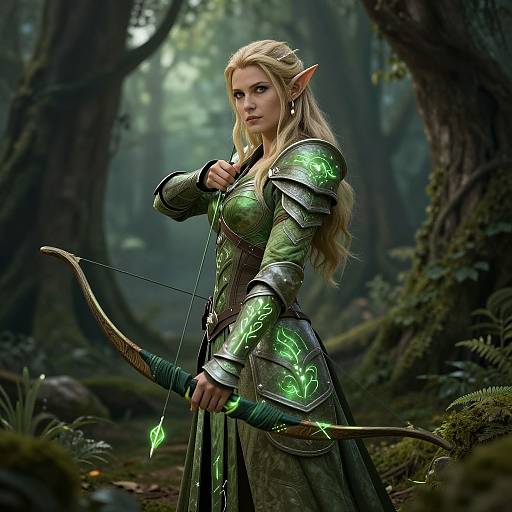 Digital fantasy artwork of a blonde elf woman with pointed ears, green-embellished armor, and bow, standing in a misty forest.