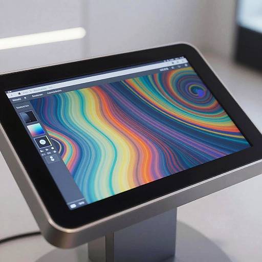 Photograph of a modern touchscreen with a vivid, rainbow wavy pattern on the screen, mounted on a sleek, metallic stand.
