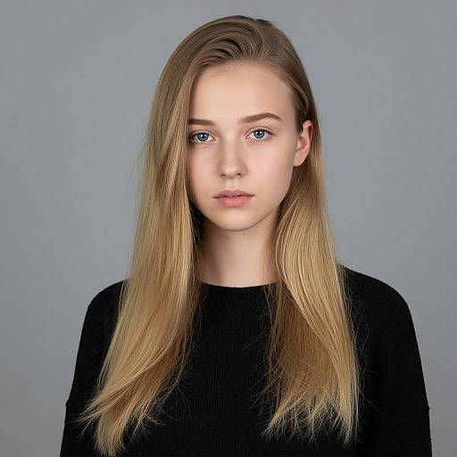 Photograph of a young Caucasian woman with long, straight blonde hair, blue eyes, and fair skin, wearing a black top, against a plain gray