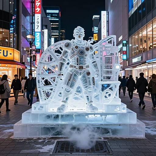 Photograph of a glowing, intricate ice sculpture of a robotic figure in a bustling, neon-lit urban street at night.