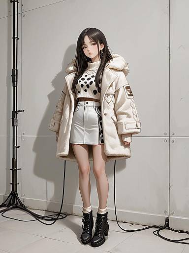 Woman in Oversized Faux Fur Coat and White Mini Skirt