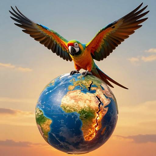 Photograph of a vibrant macaw with outstretched wings perched on a colorful, illuminated Earth globe against a sunset sky.