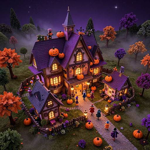 Photorealistic CGI: Haunted Halloween house with glowing windows, orange pumpkins, illuminated porch, surrounded by foggy forest, autumn trees, and