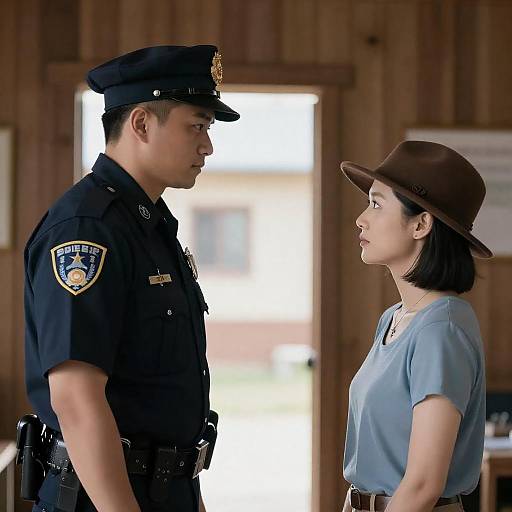 Photograph of an Asian male police officer in uniform facing an Asian woman in a brown hat and light blue shirt in a wooden-paneled room.