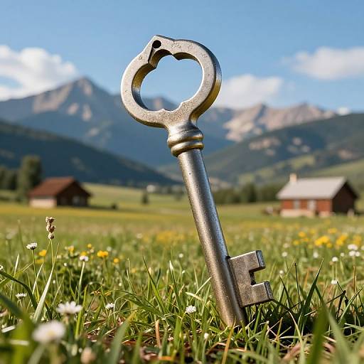 Vintage key with heart-shaped bow, standing in a sunlit meadow, with yellow wildflowers and distant mountains under a blue sky. Photograph.