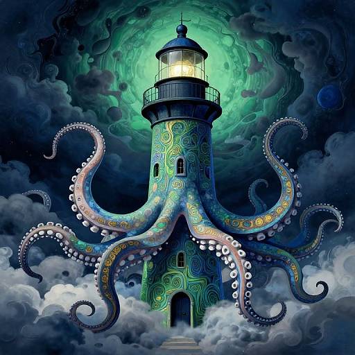 Digital artwork: A glowing, octopus-like lighthouse with colorful tentacles and swirling patterns, set against a dark, cloudy sky with a greenish