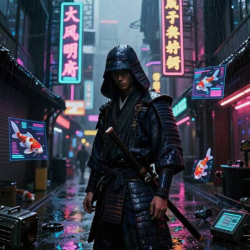 Cyberpunk Samurai in Neon Alley