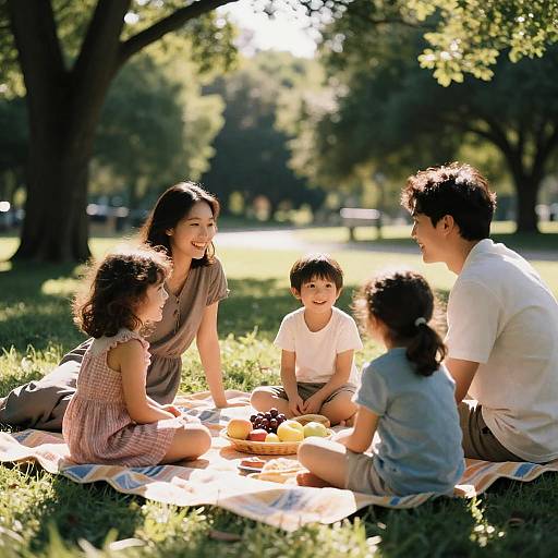 Photograph of a happy Asian family of five sitting on a blanket in a sunlit park, sharing a picnic with colorful food and surrounded by trees.