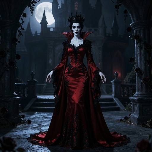 Moonlit Vampire Queen in Crimson Gown