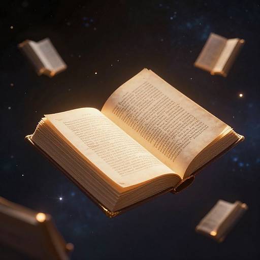 Photograph of an open, glowing book floating in a starry, dark space with several other illuminated, floating books surrounding it.