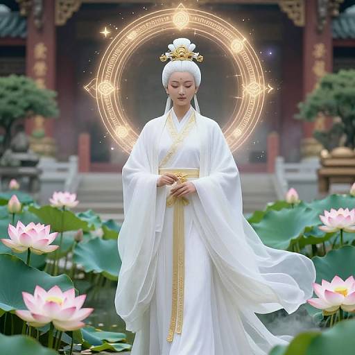 Digital artwork of a serene Asian woman in white robes, with a golden headpiece, standing in a lotus pond, surrounded by glowing circular patterns and
