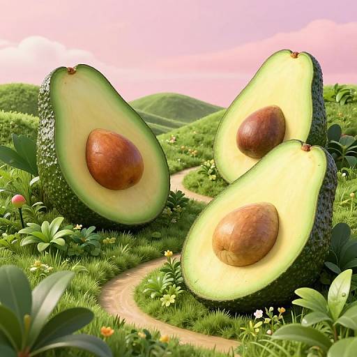 Photorealistic image of two large, halved avocados with brown seeds, resting on a winding path in a lush, green, hilly