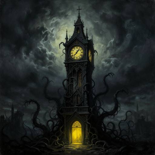 Dark, stormy night illustration of a haunted clock tower with glowing yellow door and yellow clock face, surrounded by twisting black tendrils.