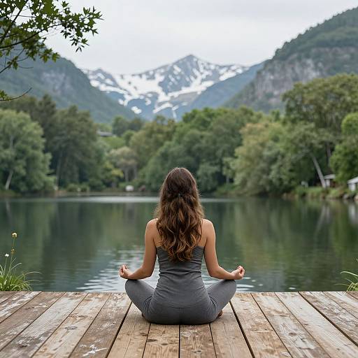Photograph of a woman with long brown hair, seated cross-legged on a wooden dock, meditating, overlooking a serene lake and mountainous forest landscape
