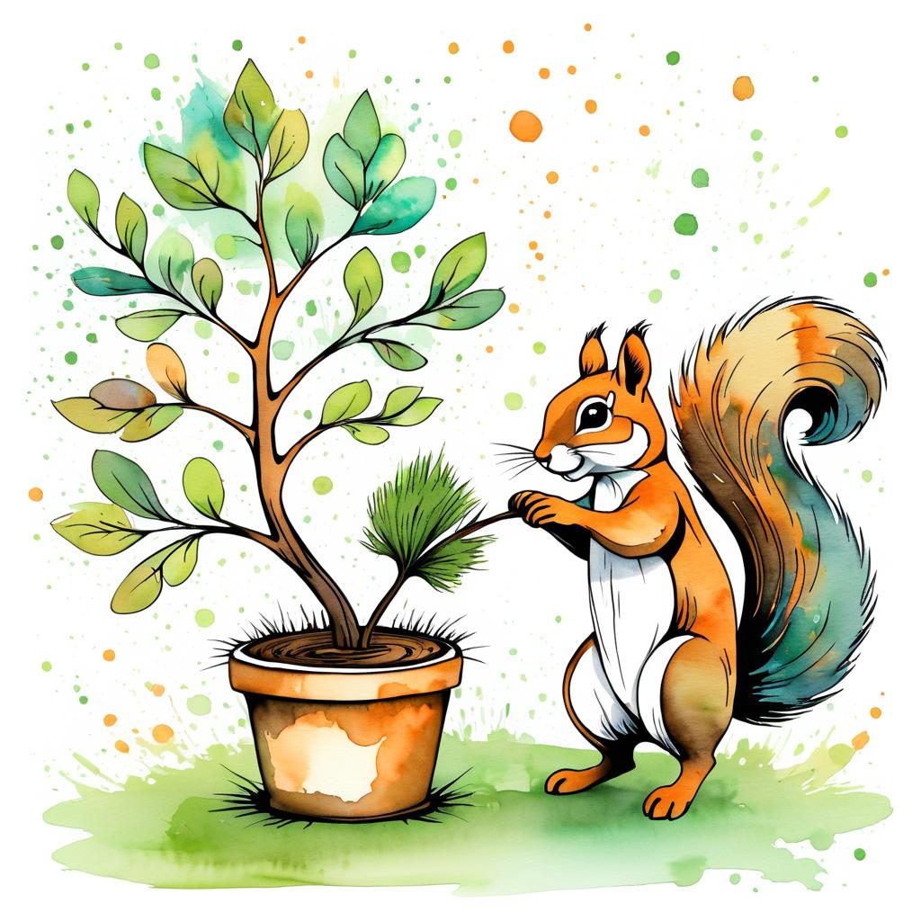 Whimsical Squirrel Planting a Tree