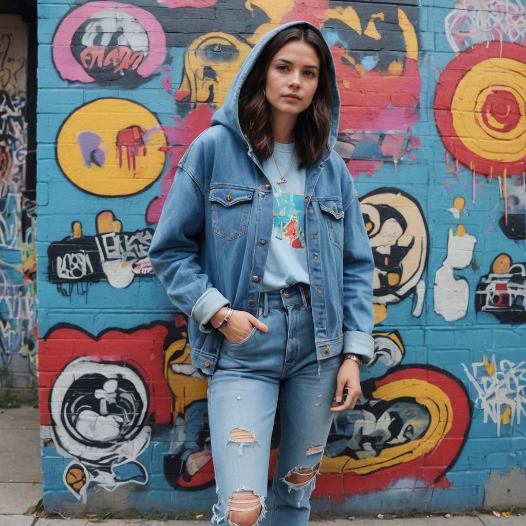 Chic Denim Ensemble Against Urban Art