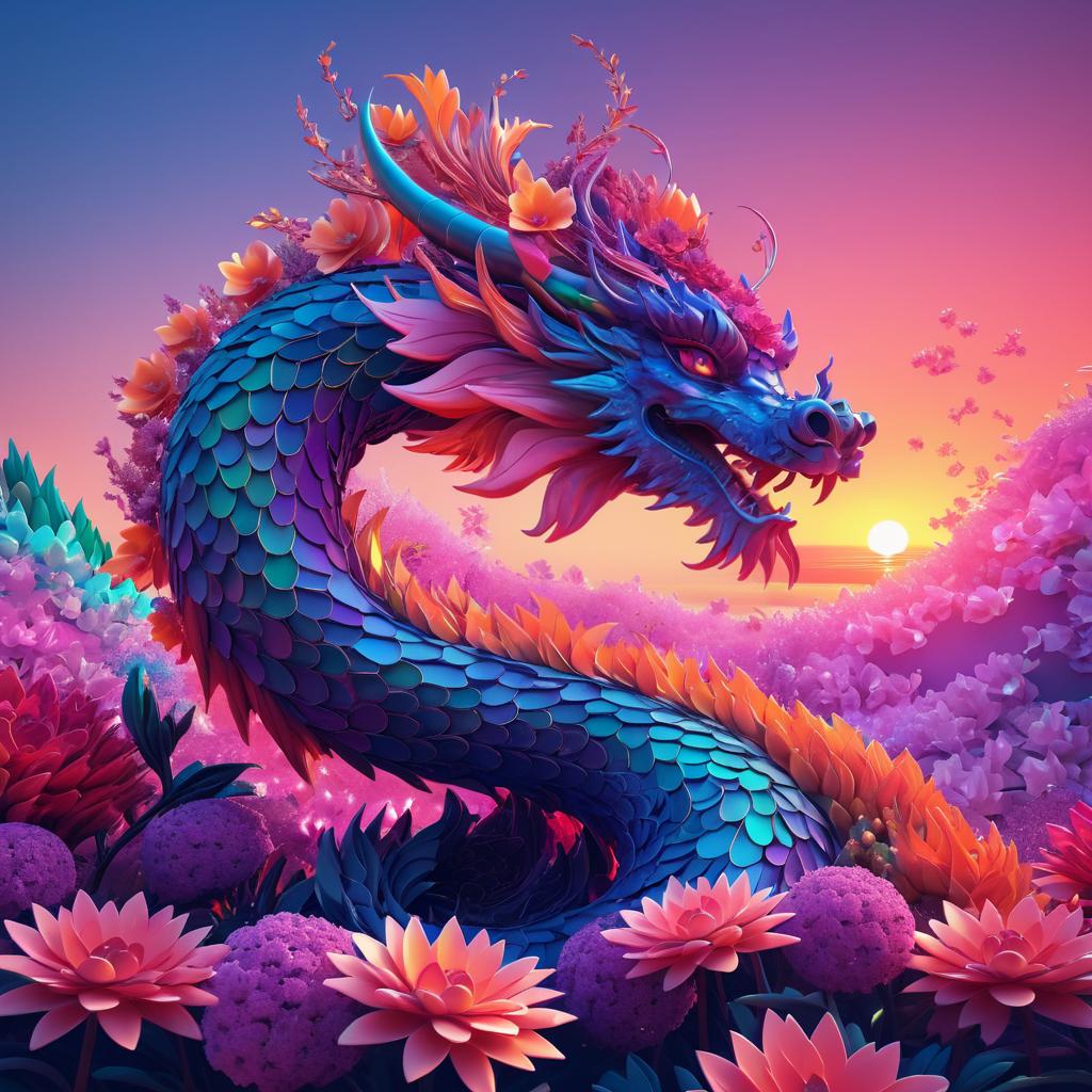 Floral Dragon in Abstract Sunset Art