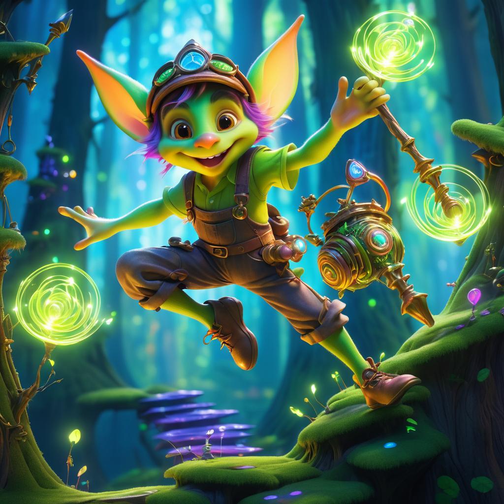 Whimsical Goblin Mechanic in Enchanted Forest