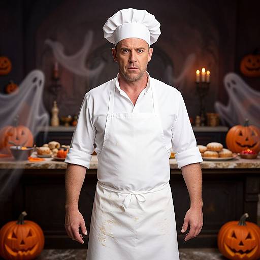 Photograph of a serious, middle-aged man in a white chef's uniform and hat, standing in a Halloween-themed kitchen with carved pumpkins, ghost