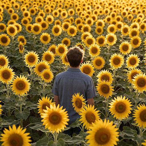 Photograph of a man with short brown hair, wearing a blue checkered shirt, standing in a vast, sunlit sunflower field.