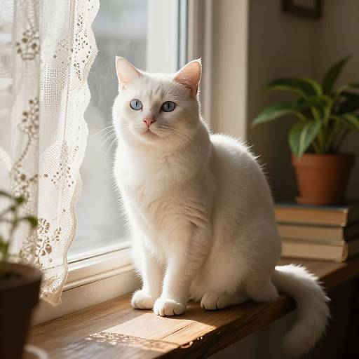 Photograph of a fluffy white cat with bright blue eyes sitting on a sunlit windowsill, casting a soft shadow, with lace curtains and a p