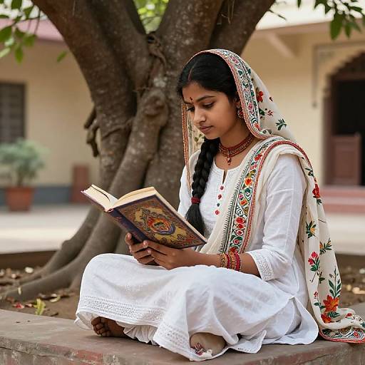 Indian Girl Reading Under Banyan Tree