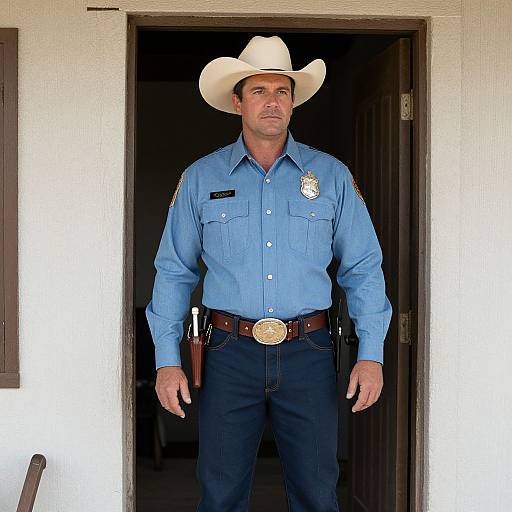 Photograph of a tall, muscular male sheriff standing in a doorway, wearing a white cowboy hat, blue uniform shirt, dark pants, and a large