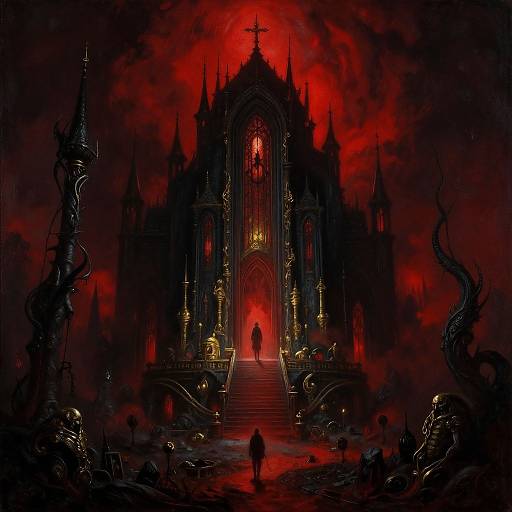 Digital artwork of a dark, gothic cathedral with red, fiery lighting. A lone figure stands at the center steps, surrounded by twisted, shadowy