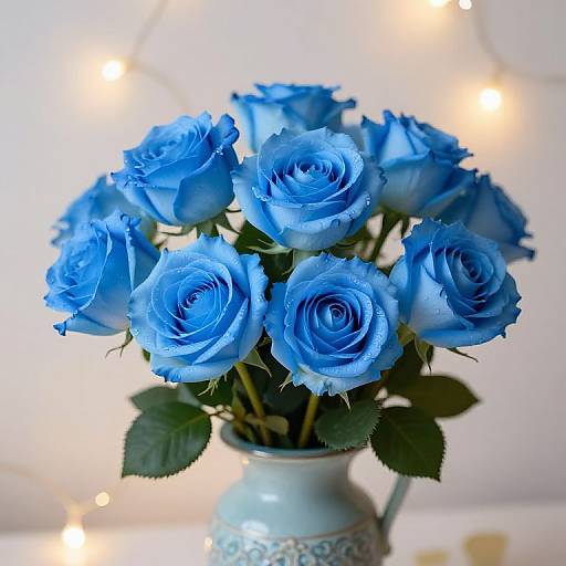 Photograph of a bouquet of vibrant blue roses in a white vase, with soft, glowing fairy lights in the background.