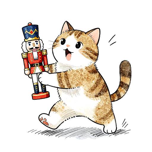 Whimsical Playful Cat with Nutcracker