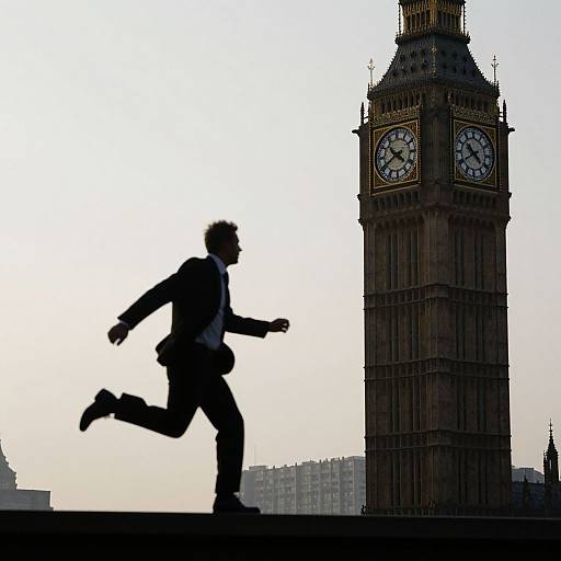 Silhouetted businessman running past Big Ben clock tower against a white sky; detailed clock face contrasts with dark figure. Photograph.