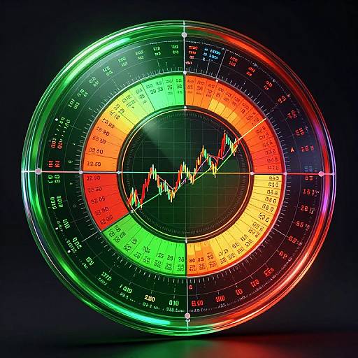 Vibrant, neon-lit, circular financial graph with colorful sectors, displaying a rising stock price line, against a black background. Digital art.