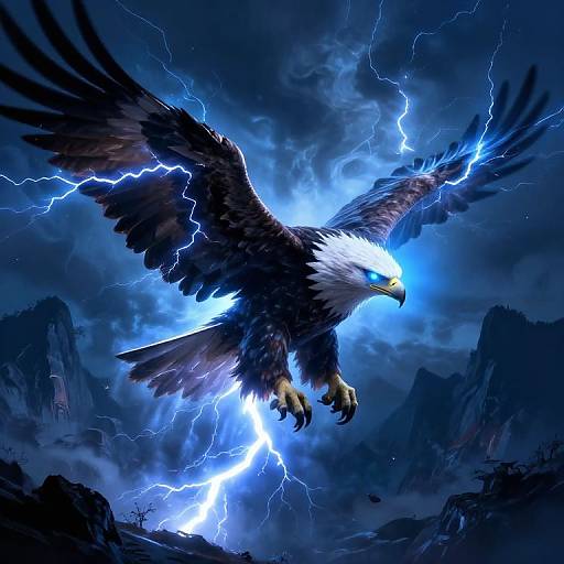 Digital art of a fierce eagle with glowing blue eyes, surrounded by lightning, flying through a stormy, mountainous night sky.