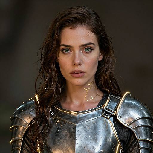 Photograph of a wet-haired, blue-eyed woman in shiny, reflective silver armor with visible circuit-like patterns, against a dark, blurred background.