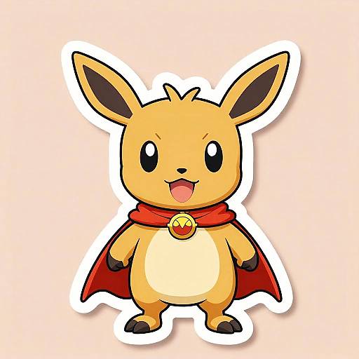 Cute digital drawing of a chibi-style Eevee with a red cape and a star-shaped bell, smiling with open mouth.