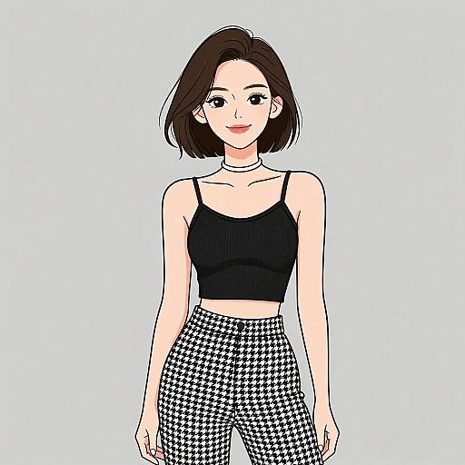 Digital illustration of an Asian woman with short brown hair, wearing a black crop top and high-waisted houndstooth pants, smiling against a