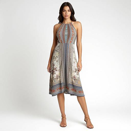 Photograph of a dark-haired woman in a sleeveless, knee-length, patterned dress with multicolored geometric designs, standing against a plain white