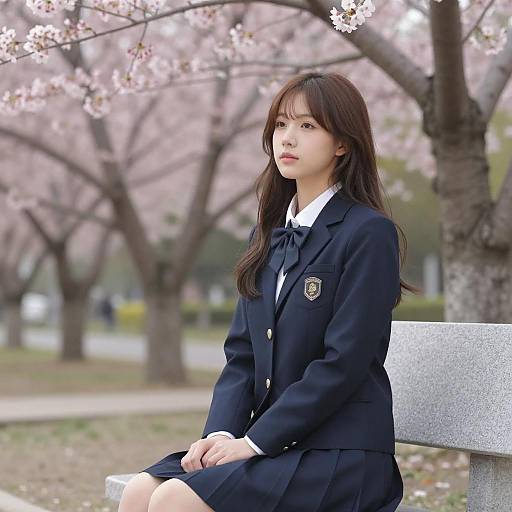 Asian Schoolgirl Sitting Under Cherry Blossoms