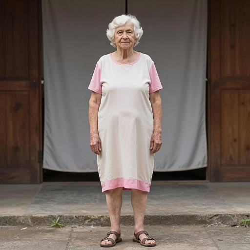 Elderly Woman in Cream and Pink Dress