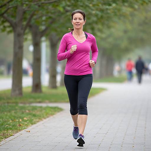 Photograph of a smiling, fit woman with dark hair running on a paved park path, wearing a pink long-sleeve shirt and black pants,