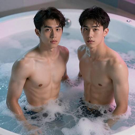 Two Young Men in Bubbling Bath