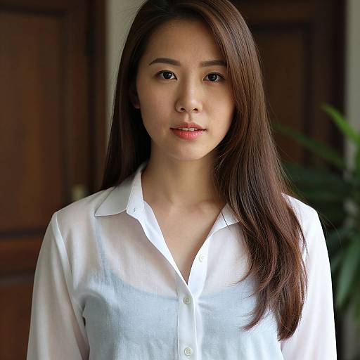 Photograph of an Asian woman with long, straight brown hair, wearing a white button-down shirt, standing indoors against a blurred wooden door background.
