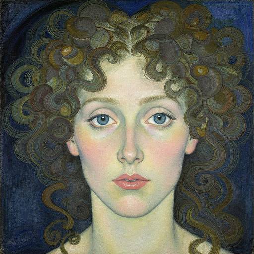 Digital painting of a pale-skinned woman with blue eyes, curly brown hair, and pink lips, set against a dark blue background.