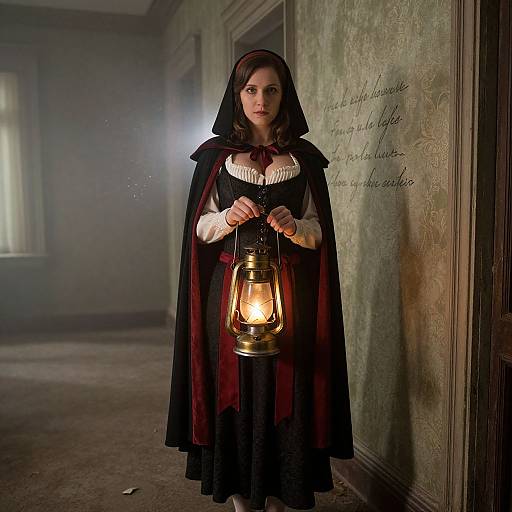 Photograph of a young woman with fair skin, dark brown hair, in a Victorian-style black dress and hood, holding a glowing lantern in a dim