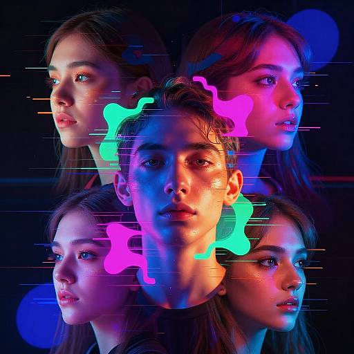 Photograph of four young adults' faces with neon blue, pink, and green digital overlays, set against a dark background. Digital effects blend their expressions