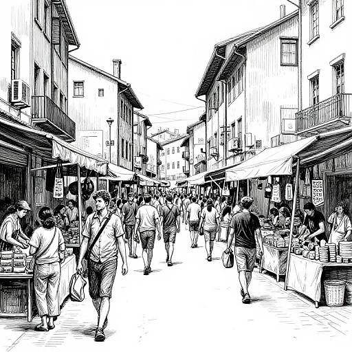 Black-and-white digital drawing of a bustling, narrow street market with people walking, shopping, and eating under awnings in a quaint, historic town.