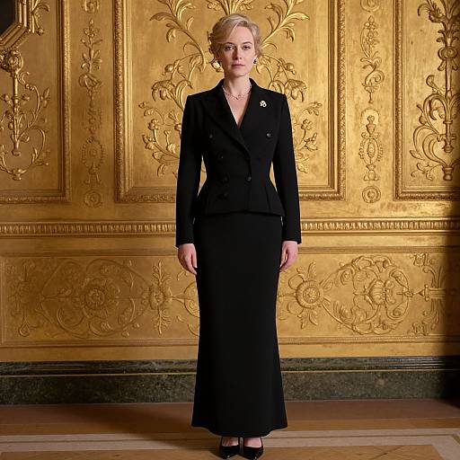 Photograph of a poised, blonde woman in a black, long-sleeved, V-neck suit, standing against an ornate, gold-patterned