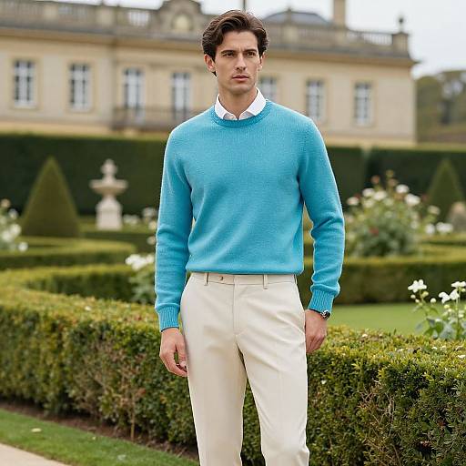 Photograph of a young man with dark hair, wearing a bright blue sweater over a white shirt and cream pants, standing in a manicured garden with