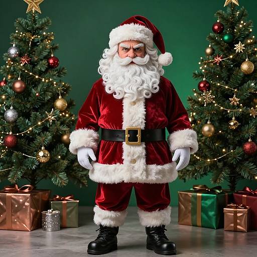 Photograph of a Santa Claus with a white beard and glasses, wearing a red velvet suit with white fur trim, standing between two decorated Christmas trees and