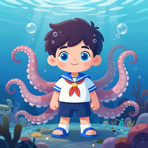 Cartoon boy with black hair, blue eyes, and octopus tentacles underwater, wearing sailor shirt, shorts, and blue sandals, surrounded by bubbles